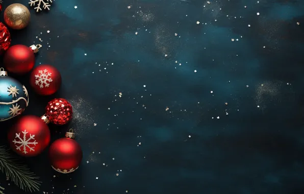 Balls, branches, Christmas, red, New year, needles, blue background, Christmas decorations