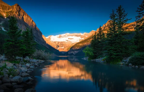 Trees, landscape, mountains, nature, lake, stones, rocks, morning