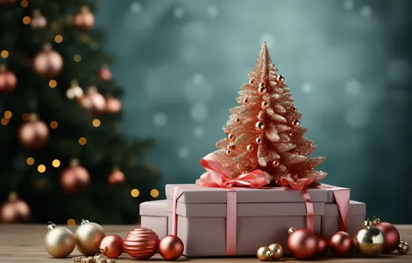 Balls, lights, box, gift, Shine, Christmas, gifts, New year