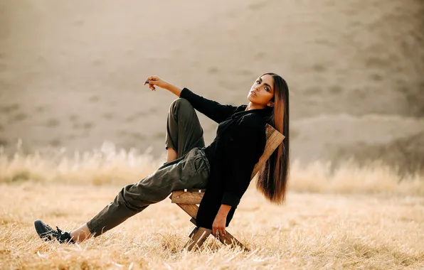 Grass, nature, chair, brown hair, coat, pants