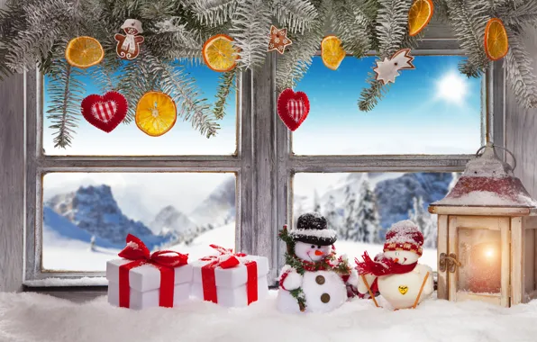 Winter, snow, decoration, New Year, window, Christmas, gifts, Christmas