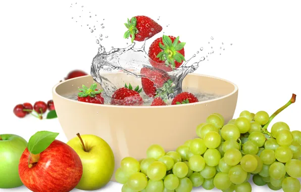 Picture water, squirt, apples, strawberry, fruit, fresh, water, grape