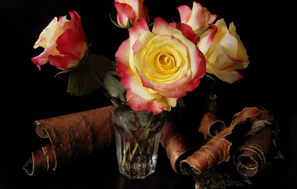 Picture flower, water, flowers, glass, roses, bouquet, bark, beautiful