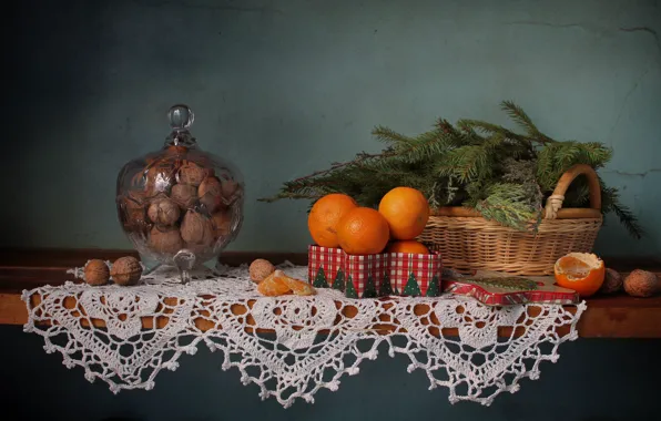 Tree, new year, Christmas, shelf, nuts, still life, tangerines, November