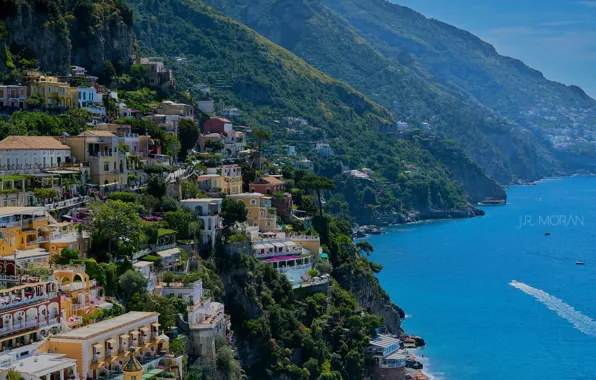 Sea, landscape, mountains, home, Italy, Positano