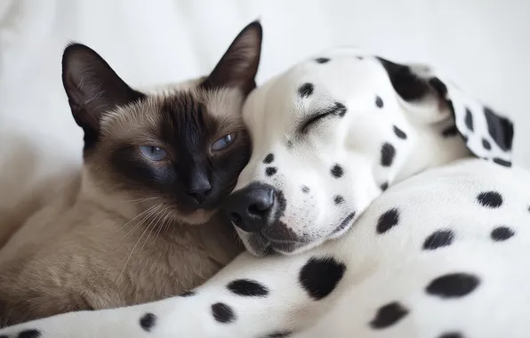 Cat, cat, look, pose, together, black and white, sleep, dog