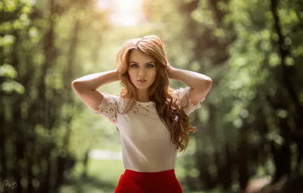 Look, the sun, trees, model, skirt, portrait, hands, makeup