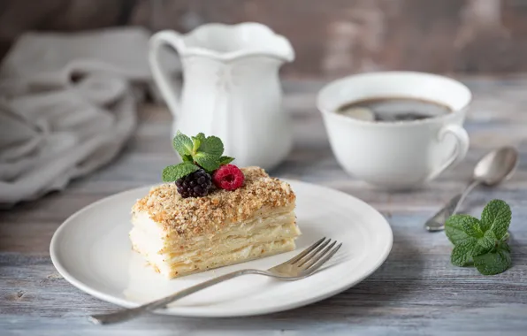 Coffee, cream, Cup, cake, Napoleon, Karina Klachuk