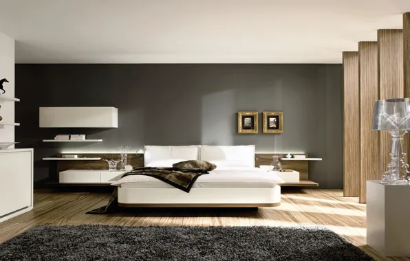Design, bed, interior, pillow, pictures, shelves