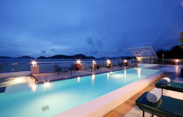 Wallpaper roof, sea, romance, coast, view, the evening, pool, lighting ...