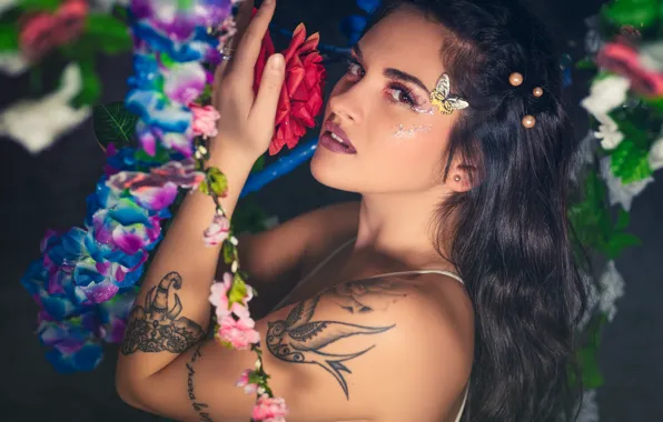 Flowers, sexy, hair, brunette, tattoos