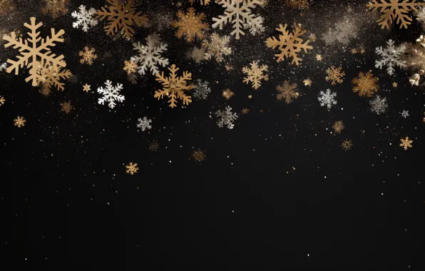 Snowflakes, background, gold, black, New Year, Christmas, golden, black