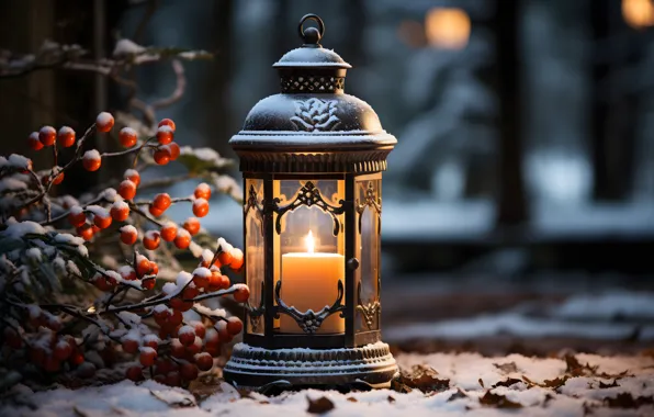 Winter, snow, decoration, night, New Year, Christmas, lantern, light