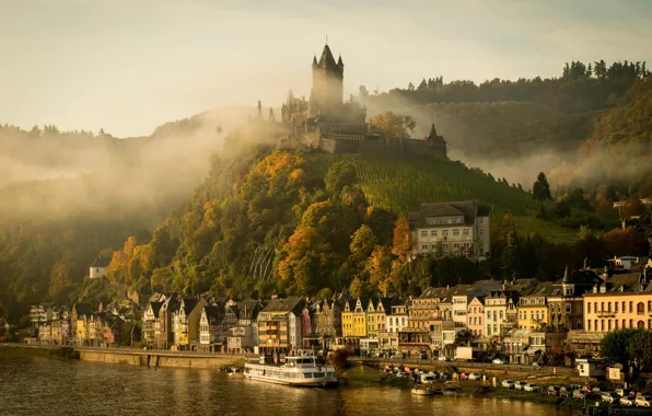 Autumn, the city, fog, river, castle, morning, Germany, Cochem