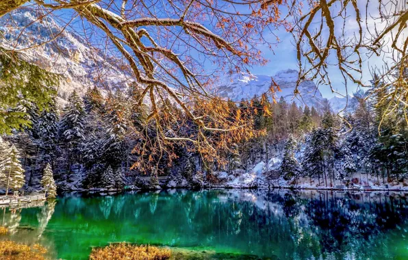 Picture winter, snow, mountains, lake, green water