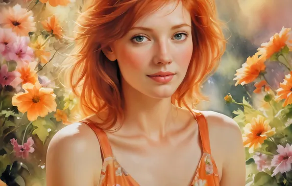 Summer, look, girl, flowers, portrait, redhead, sundress, imitation painting