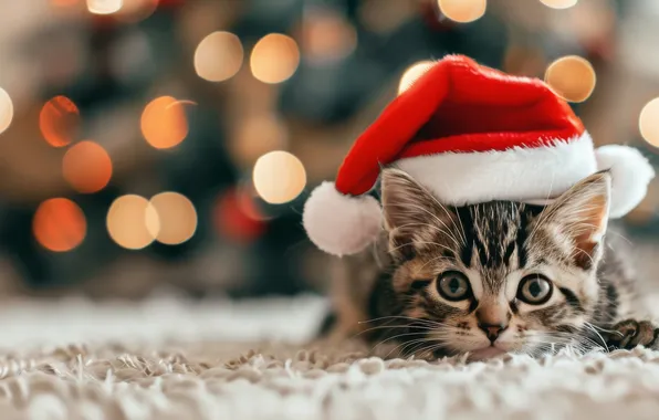 Cat, look, lights, pose, kitty, grey, Christmas, New year