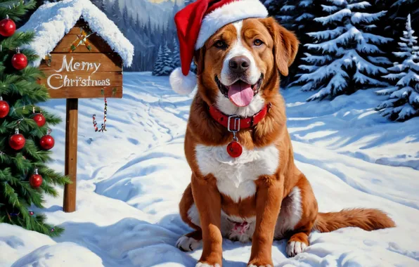 Winter, road, forest, language, snow, dog, ate, Christmas