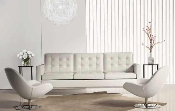 Flowers, design, grey, sofa, interior, chairs, chandelier, living room