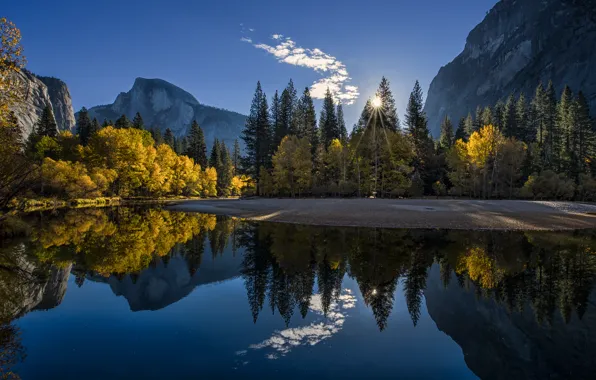 Picture autumn, forest, mountains, lake, sunrise, morning, CA, Yosemite