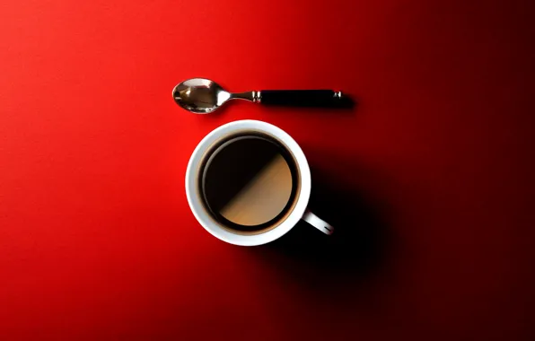 Picture coffee, spoon, Cup, red background