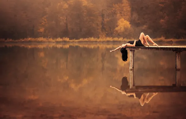 Picture autumn, nature, reflection, hair, morning, pier, legs, Leslie Boulnois