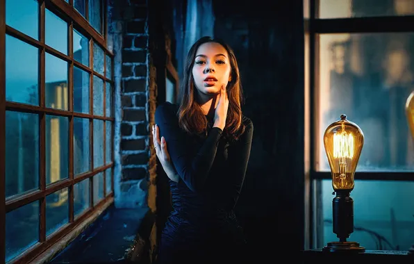Look, girl, pose, lamp, hands, window, Max Miron