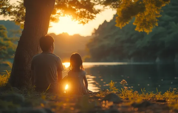 Trees, River, Dawn, Child, Girl, Two, Male, Digital art