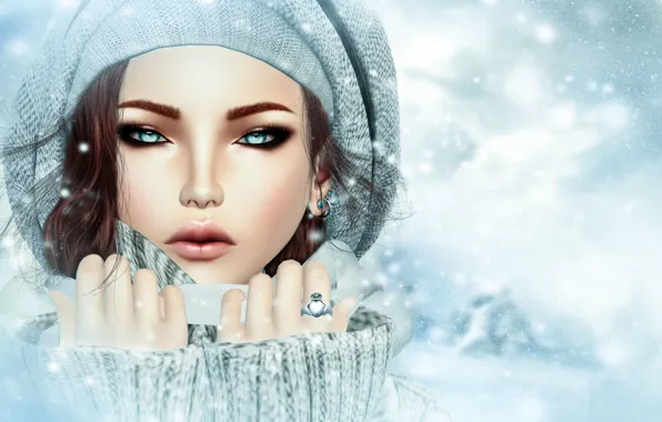 Cold, winter, look, girl, face, rendering, hat