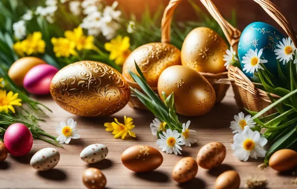 Flowers, eggs, spring, colorful, Easter, happy, flowers, spring
