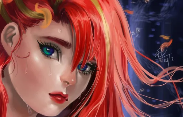 Picture look, drops, face, portrait, red, art, sakimichan, renice