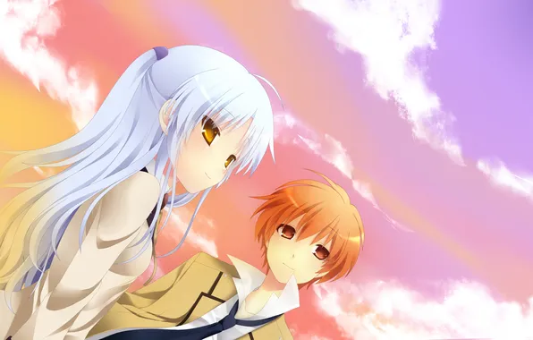 Picture girl, sunset, guy, art, students, angel beats!, kanade tachibana, etou