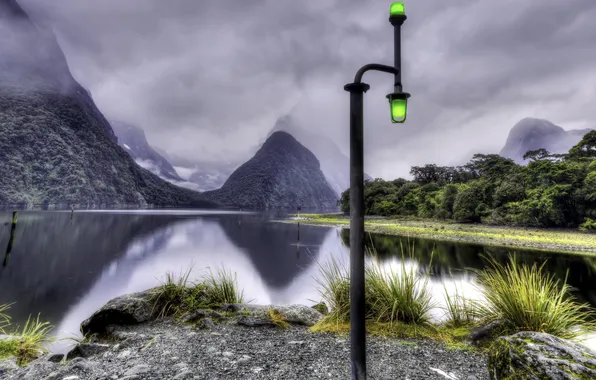 Picture landscape, mountains, lake, lamp