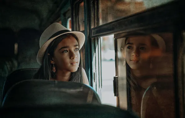 Picture look, reflection, treatment, girl, hat