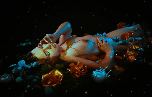 Erotic, chest, water, girl, light, flowers, pose, body