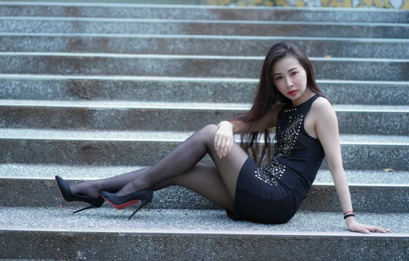 Girl, Ladder, Girl, Pose, Shoes, Dress, Heels