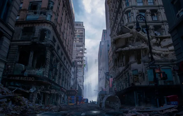 The city, street, building, devastation, Downtown Ruins