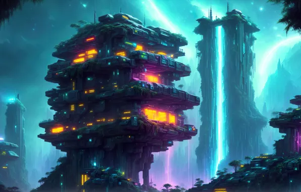 Future, landscape, art, fantastic, neon, cyberpunk, digital art, nigth