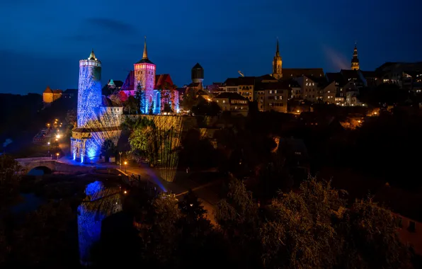Trees, night, lights, river, home, Germany, lights, tower