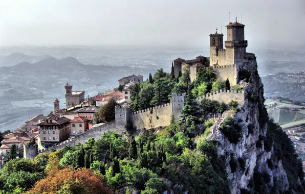 The sky, landscape, mountains, the city, castle, rocks, home, structure