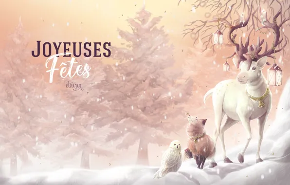 Winter, Owl, Snow, Forest, New Year, Fox, Deer, Art