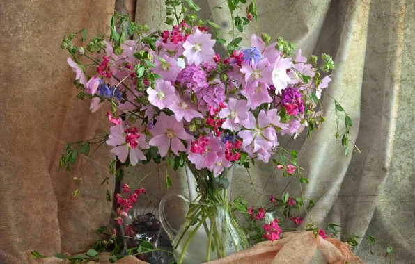 Summer, cherry, bouquet, texture, wildflowers, Phlox, chicory, mallow