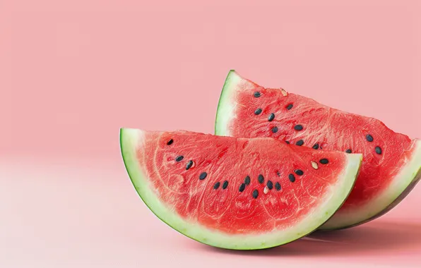 Watermelon, pink background, seeds, slices, AI art, neural network