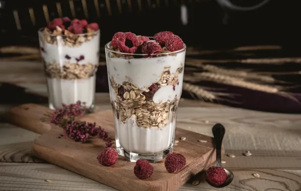 Glass, glass, berries, raspberry, table, Board, Breakfast, pair