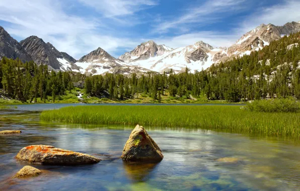 Picture the sky, clouds, snow, trees, mountains, lake, stones