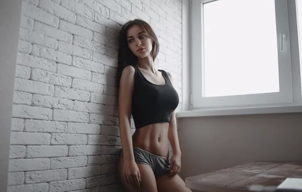 Girl, pose, wall, Mike, figure, top, bricks, Nikolay Novikov
