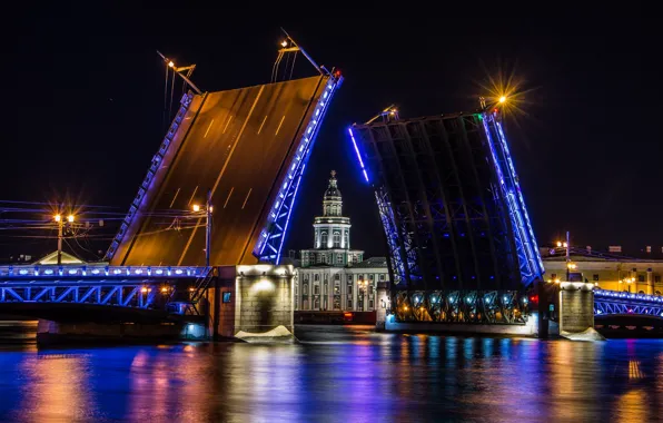 Night, bridge, lights, Saint Petersburg, Saint Petersburg