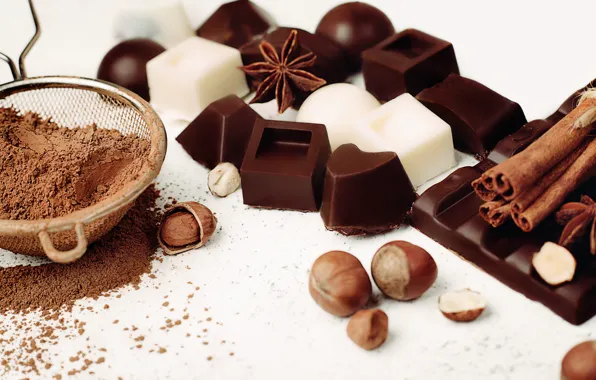 Chocolate, cinnamon, hazelnuts, cocoa, star anise