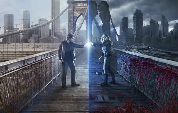 City, girl, woman, bridge, man, series, ruins, death