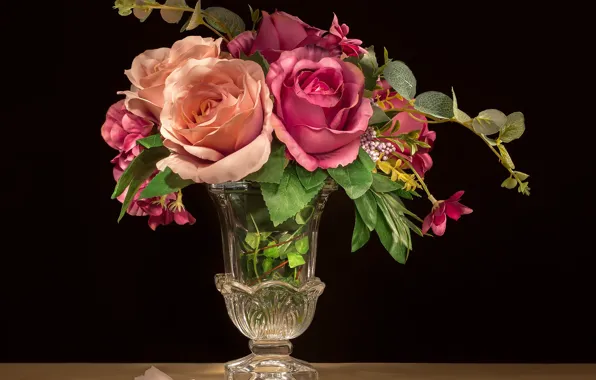 Picture flowers, roses, petal, vase